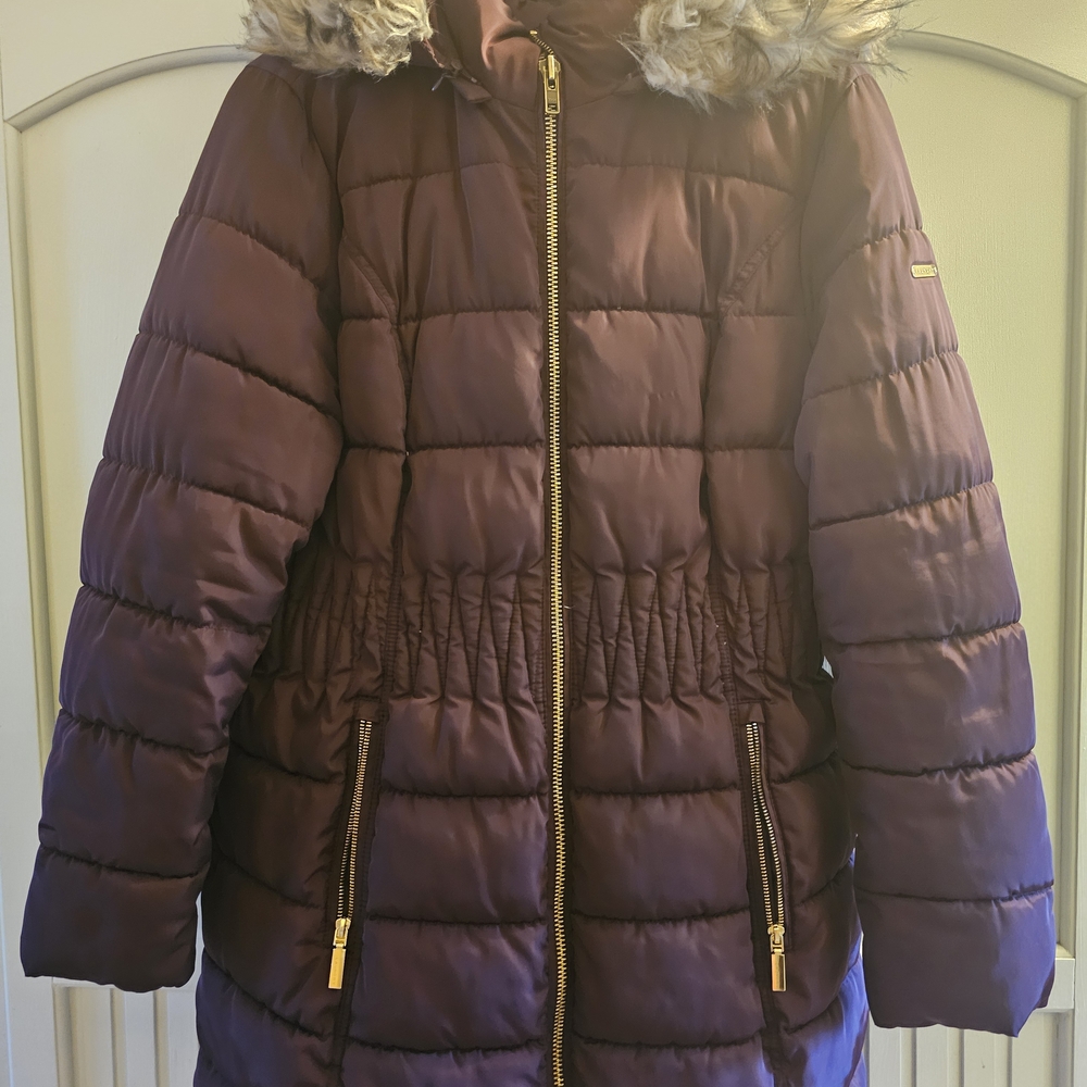 Women's Purple Puffer Jacket with Faux Fur Hood
